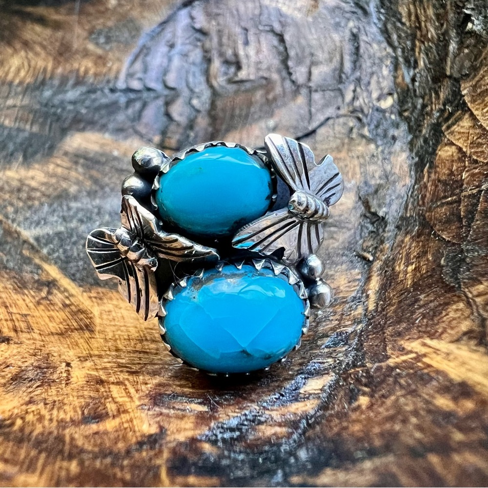 925 Sterling Silver Kingman Turquoise Double Stone Butterfly Ring Sz 9